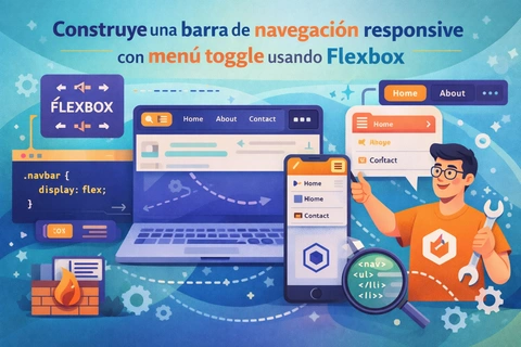 Construye una barra de navegación responsive con menú toggle usando Flexbox