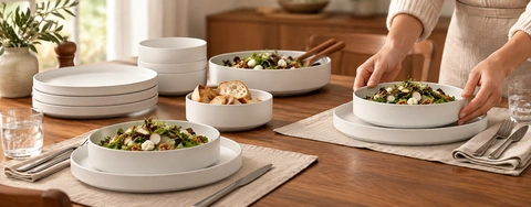Functional Stoneware Dinnerware Sets in Semi-Matte White