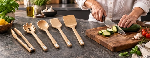 14-piece kitchen prep set with German steel knives and wooden utensils