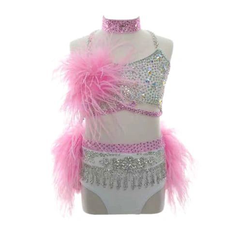 Click to view Kmarouse Girls Rhinestone Lyrical Dance Costume with Feather Tassel Fringe for Competition