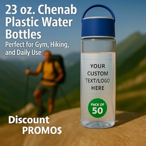 Click to view Custom Chenab Plastic Water Bottles 23 oz Set of 50 Bulk Pack