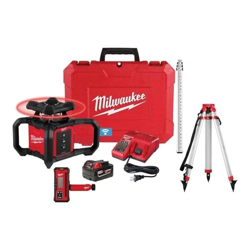 Click to view Milwaukee M18 Red Exterior Rotary Laser Level Kit with Receiver Tripod and Grade Rod