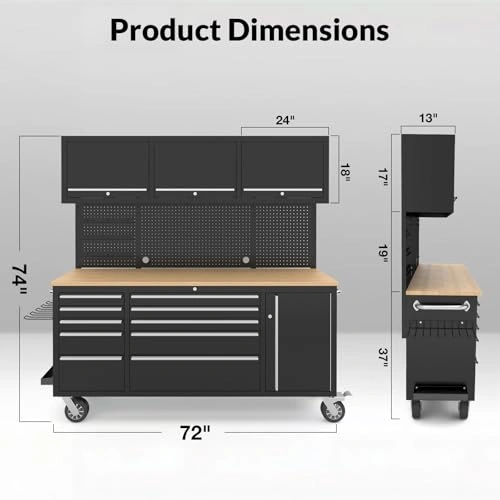 Click to view Muwood 72” Rolling Tool Chest Garage Cabinets Workbench with Storage Drawers and Light Strip