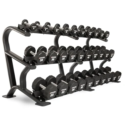 Click to view XMARK 5-75 lb Commercial Round Dumbbells Weight Set with Storage Rack