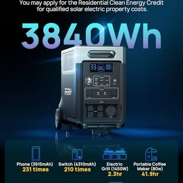 Click to view AFERIY 3840Wh Portable Power Station with 120V AC Outlets for Home and Outdoor Use