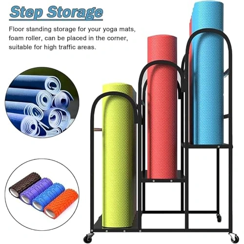 Click to view Yoga Mat Storage Rack on Wheels with Foam Roller Holder and Floor Stand Organizer