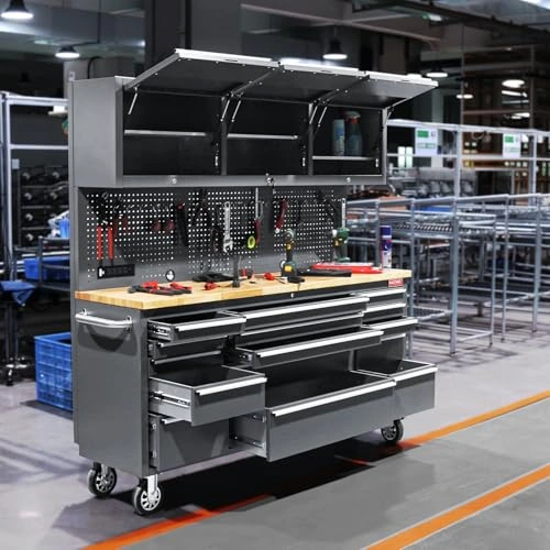 Click to view Hautmec 72-Inch Rolling Tool Chest with 15 Drawers and Worktop
