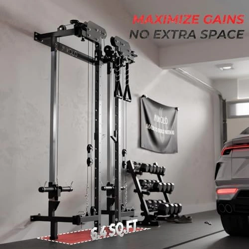 Click to view Mikolo Folding Squat Rack Wall Mounted Power Rack with Cable Crossover and Lat Pulldown