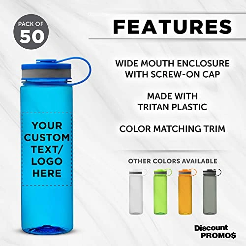 Click to view Custom Wide Mouth Water Bottles 26 oz Set of 50 BPA Free Bulk Pack for Gym Camping and School