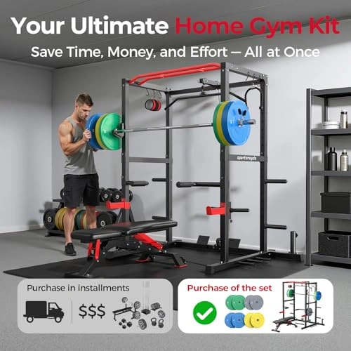 Click to view Sportsroyals Squat Rack LAT Power Cage Multi-Function with Pulley System for Home Gym