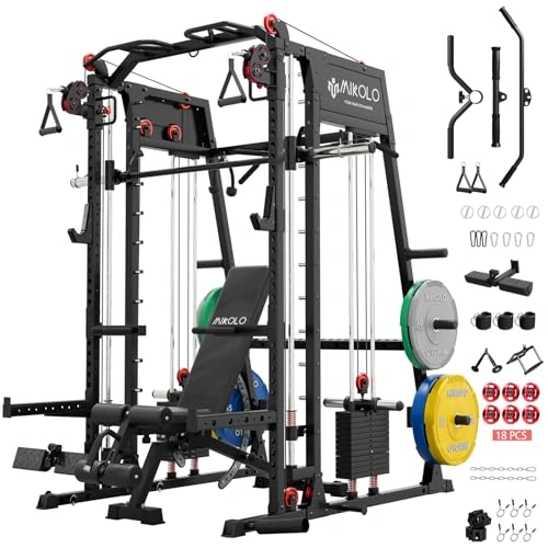 Click to view Mikolo Smith Machine 2200lbs Squat Rack with Lat Pulldown and Cable Crossover