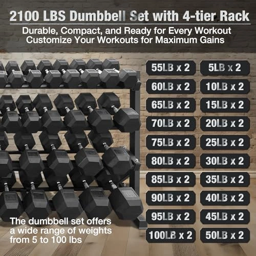 Click to view 5–100 lbs Dumbbell Weight Set with Storage Rack for Home Gym and Strength Training