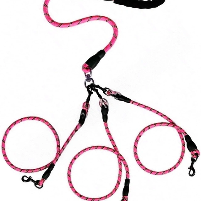Click to view ## Double Dog Leash, No-Tangle Dual Leash with Reflective Strips, Pink, 3-in-1