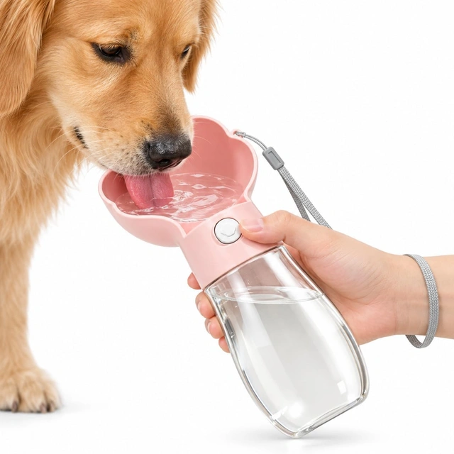 Click to view ## Portable Pet Water Bottle, 580ml Travel Dispenser with Integrated Bowl (Pink)
