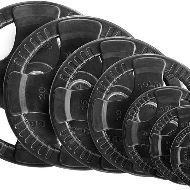 Click to view Body-Solid Quad Grip Design Rubber Plate Olympic Weight Plates 455lbs Set