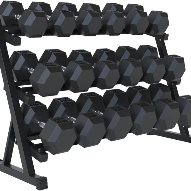 Click to view StrengthUSA 5-100 lbs Rubber Hex Dumbbell Set with Rack, 20 Pairs, 2100 lbs