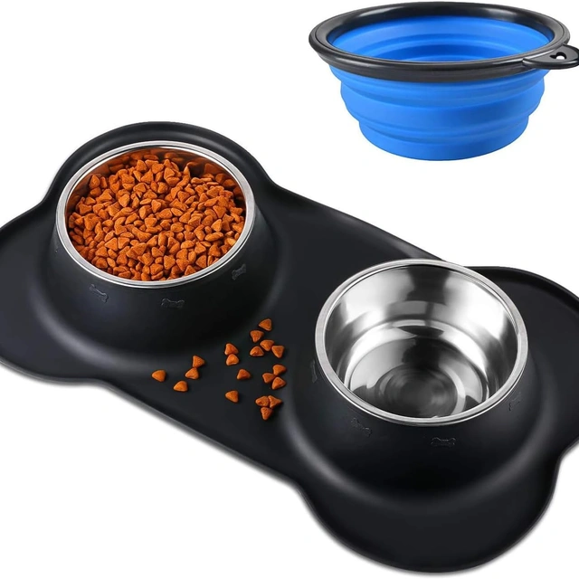Click to view Bonve Pet Double Dog Food Bowls Stainless Steel Water Dish with No-Spill and Non-Slip Mat
