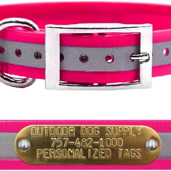 Click to view ## Reflective Heavy Duty Waterproof D-Ring Dog Collar with Custom Name Tag, Pink