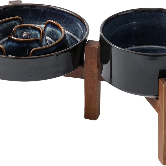 Click to view Havniva Raised Slow Feeder Dog Bowls Elevated Ceramic Set with Acacia Wood Stand