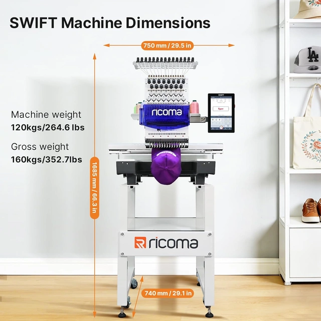 Click to view Ricoma Swift 1501 15-Needle Commercial Embroidery Machine