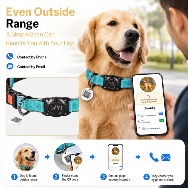 Click to view ## Dog Collar with AirTag Holder, IP68 Waterproof, Reflective, Blue, Medium