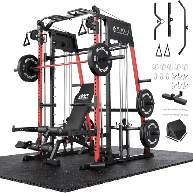 Click to view Mikolo Smith Machine 2200lbs Squat Rack with Lat-Pull Down System and Cable Crossover