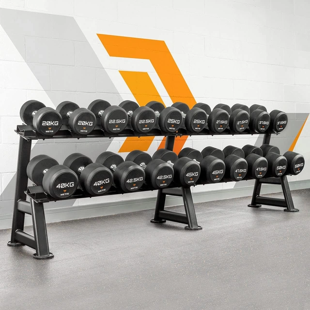 Click to view Metis Pro Urethane Dumbbell Rack Sets - 2 Tier Weight Stand for Dumbbells