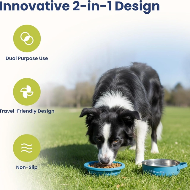 Click to view PawsPik 2-in-1 Travel Dog and Cat Bowl Collapsible Silicone and Stainless Steel