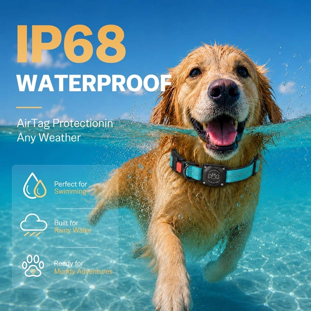 Click to view Dog Collar with AirTag Holder, IP68 Waterproof, Reflective, Blue, Medium