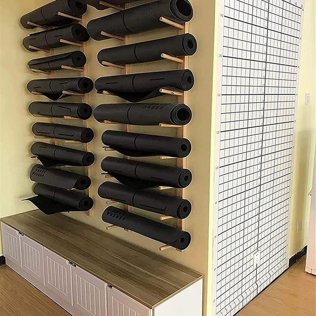 Click to view JINJIANNING Natural Wood Yoga Mat Storage Rack Wall Mount Organizer